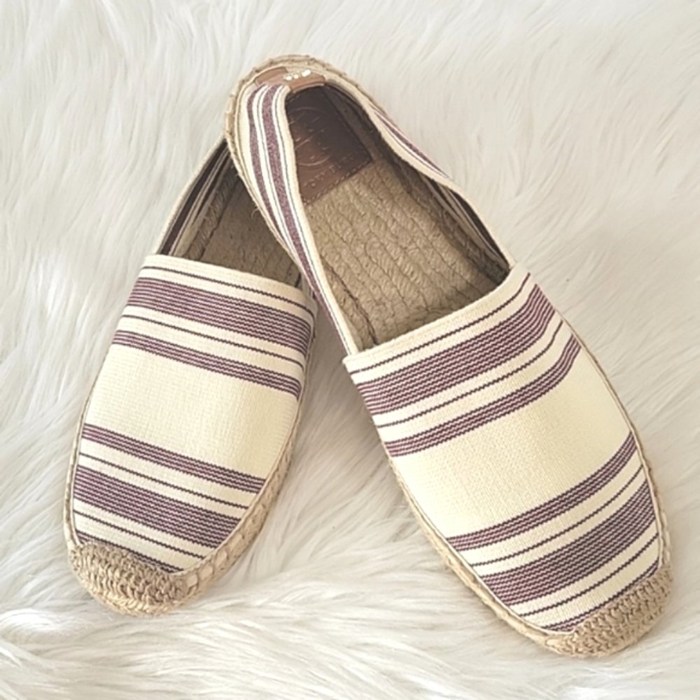 Tory Burch Awning Ivory striped elastic espadrille flat, shoes   women's…